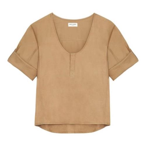 Beige Henley Bluse Bomull-Lin Blanding