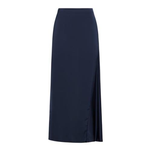 Navy Blue Satin Midi Skjørt