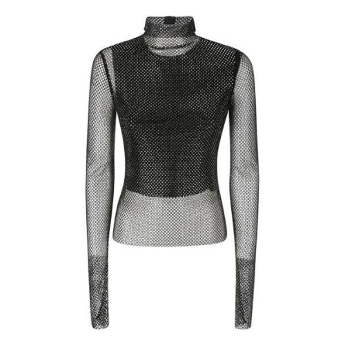 Glitter Mesh Top med Høy Krage