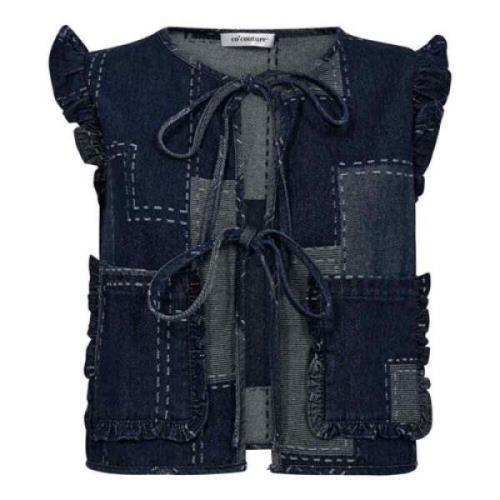 Patchwork Denim Vest med Rysjer