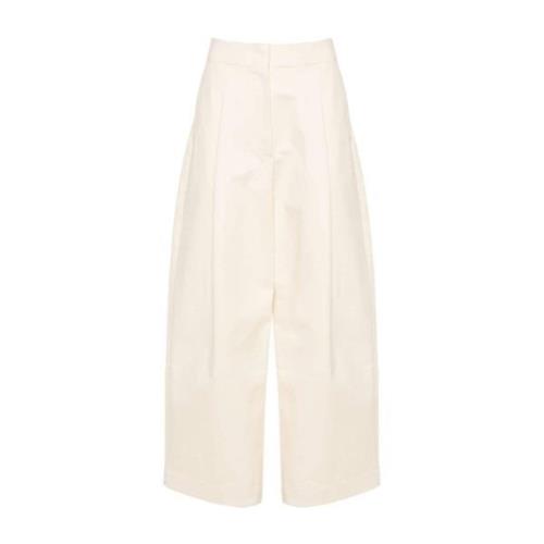 Beige Twill Weave Wide Leg Trousers