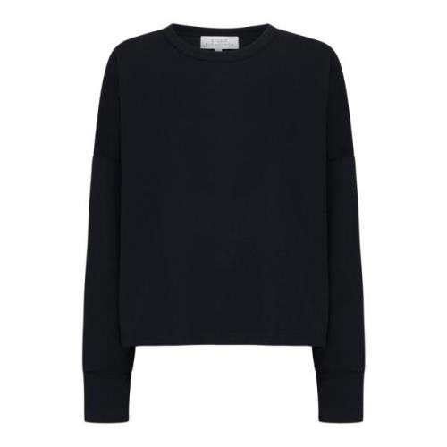 Sort Bomull Langermet Crew Neck T-skjorte