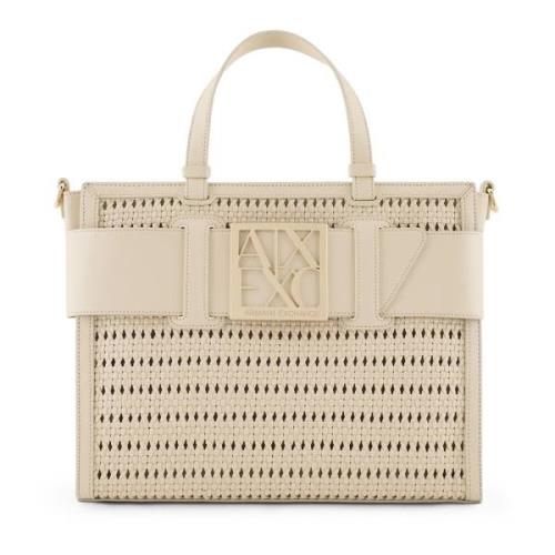 Beige Straw Tote Bag med Logo