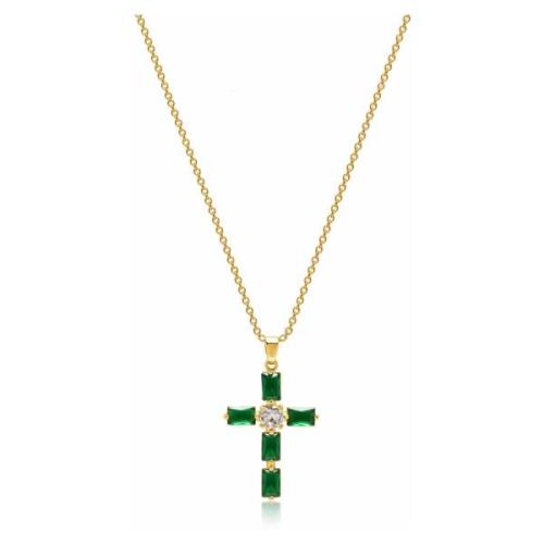 Womens Green CZ Cross Necklace