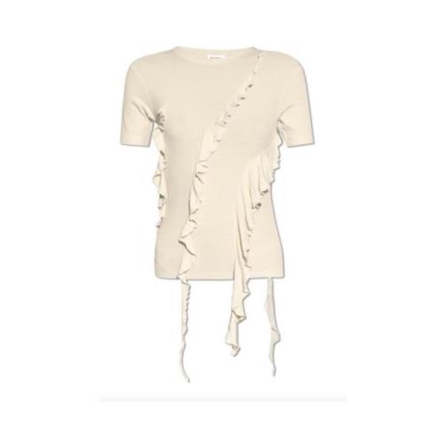 Beige Ribbet Ruffled T-skjorte Topp