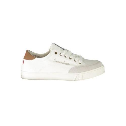 Hvite Polyester Sneakers med Snøring, Kontrastdetaljer, Logo