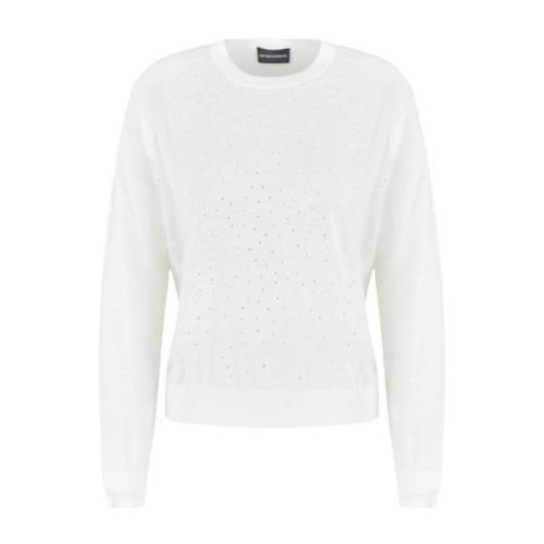 Hvit Rhinestone Pyntet Crew Neck Genser