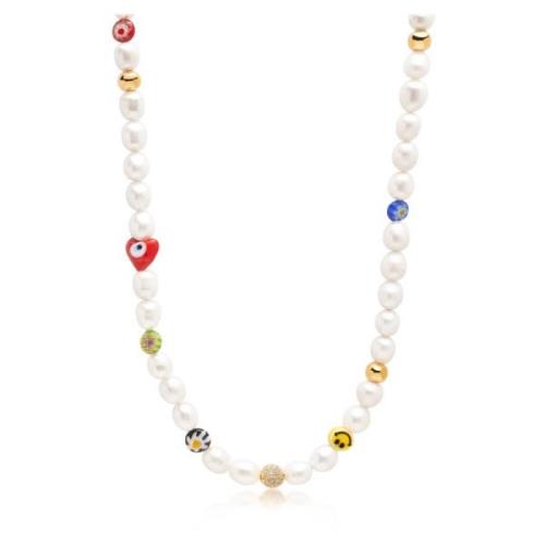 Womens Smiley Face Pearl Necklace with Assorted Beads