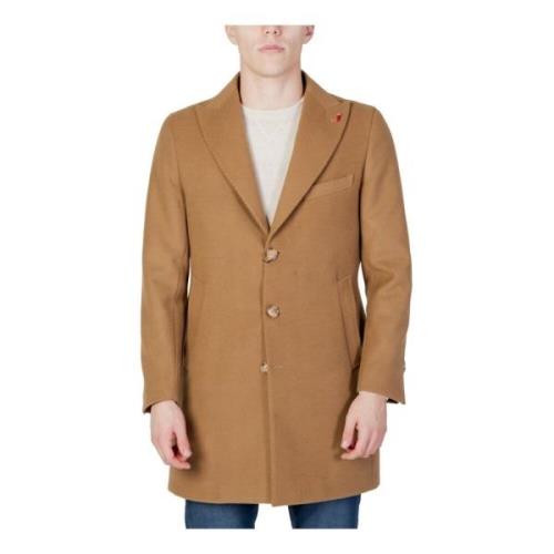 Beige V-Neck Button Coat med Reverskrage