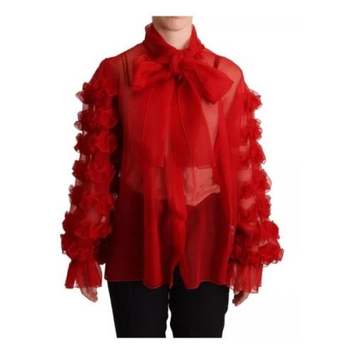 Rød Silke Ruffle Bluse Topp