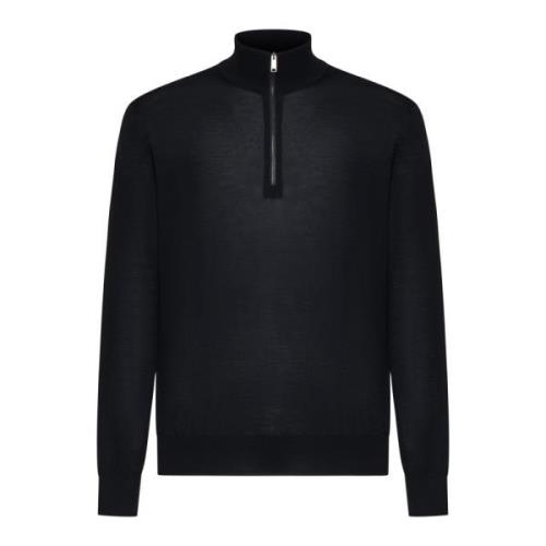 Svart Ull Zip-Up Mock Sweater