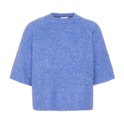 Blå Cropped Strikket Pullover Genser