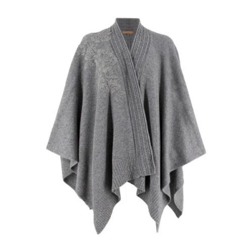 Blomsterapplikasjon Strikket Poncho Cape