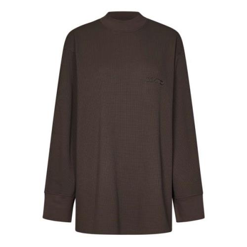 Brun Ribbet Bomull Crewneck Langarmet Polo