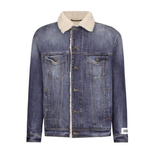 Blå Denim Shearling Trim Kåpe