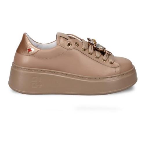 Beige Skinn Sneakers med Laminert Detalj