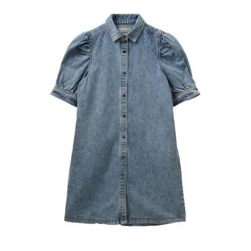 Denim Blå Kjole med Puff-ermer