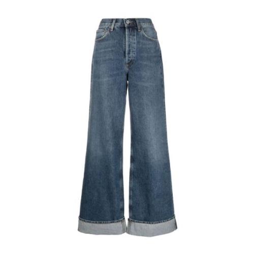 Blå Wide-leg Jeans med Rullekant