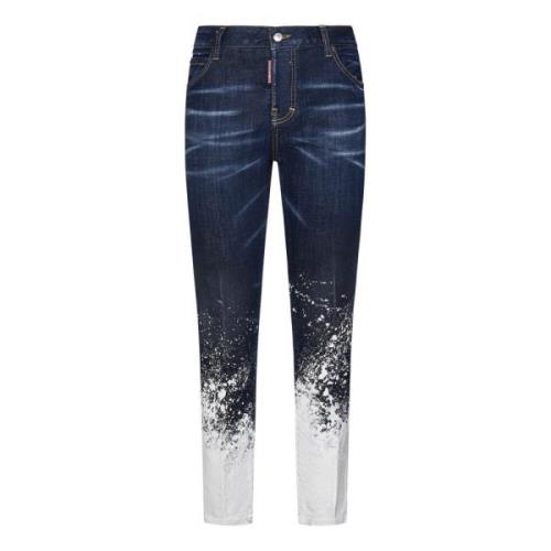 Blå Flare Jeans med Rød Logo