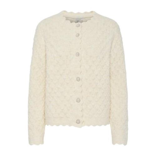 Beige Strikket Cardigan med Knappedetalj