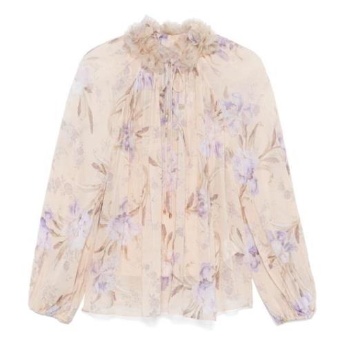 Hvit Blouson Erme Blomster Slips Skjorte