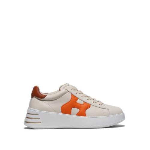 Beige Skinn Sneaker med Oransje H Detalj