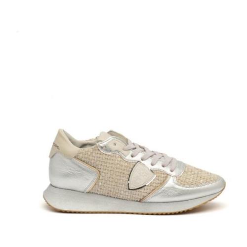 Beige Stoff Sneakers med Sølv Detaljer