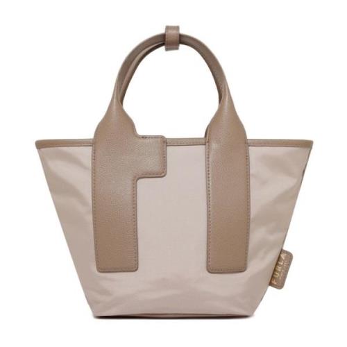 Beige Nylon Tote Bag med Lær Trim