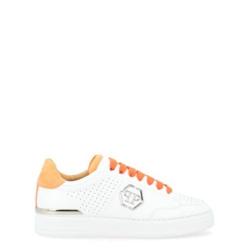 Hvite og Oransje Perforerte Skinn Sneakers