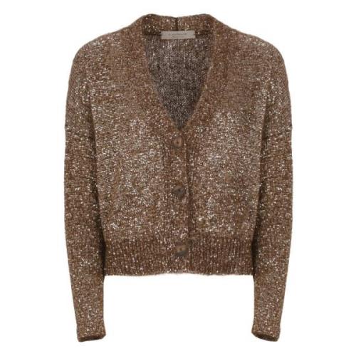 Brun paljetter V-hals cardigan genser