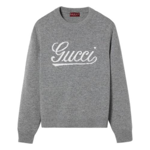 Grå Crewneck Ullgenser Intarsia Logo