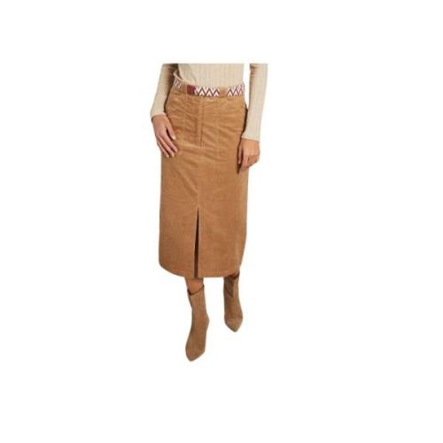 Beige Corduroy Midi Skjørt med Brodert Belte