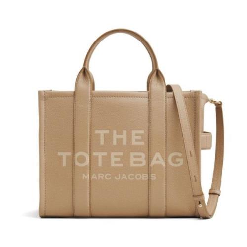 Beige Skinn Tote Bag med Preget Logoer