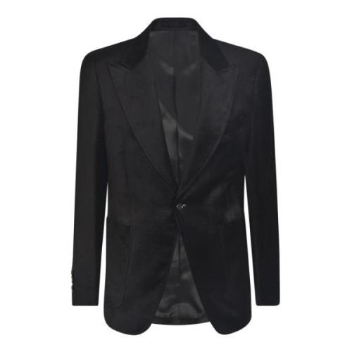 Sort Blazer i Faux Suede med Peak Revers