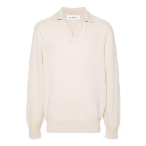 Beige Sweater Børstet Strikket Polokrage