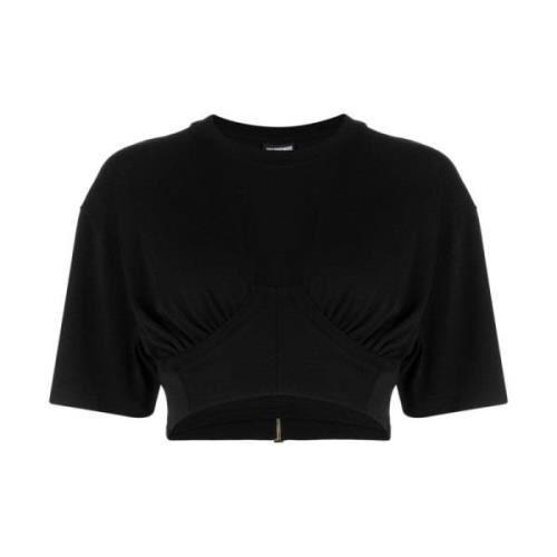 Svart Drapert Detalj Crew Neck T-skjorte