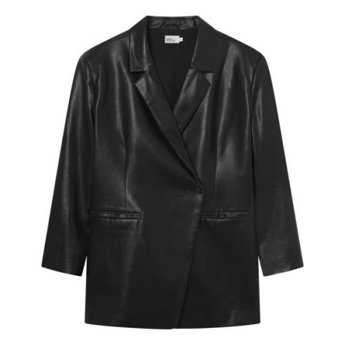 Sort Imitert Skinn Boxy Blazer