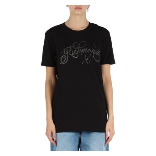 Stretch bomull T-skjorte med rhinestone logo