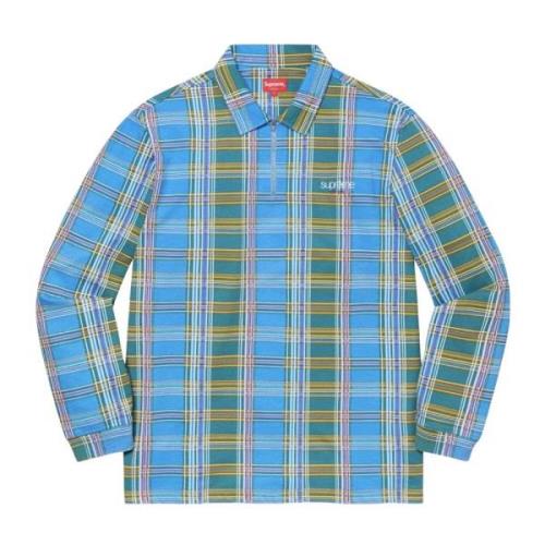 Plaid Zip Up Long Sleeve Polo