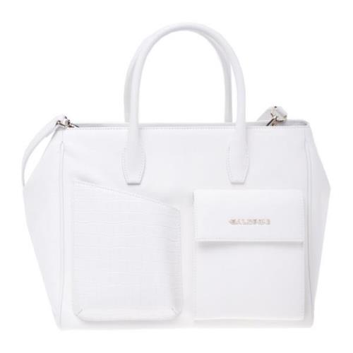 Handbag in white leather with crocodile print