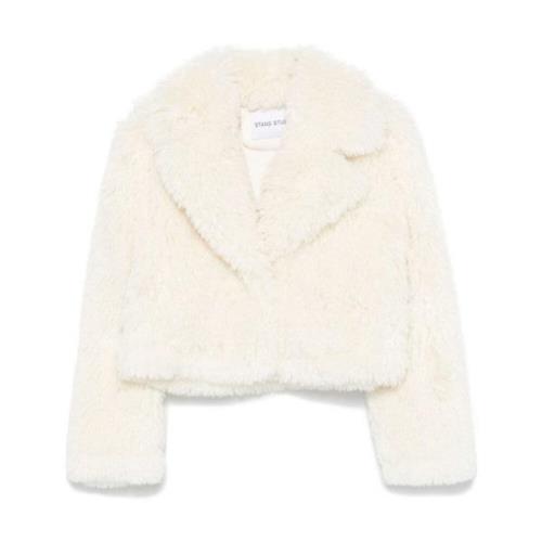 Hvit Faux-Fur Jakke med Brede Revers