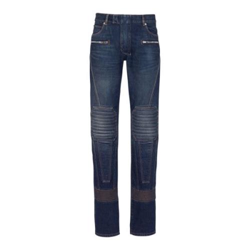 Denim straight-leg biker jeans