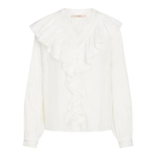 Elegant Bluse med Volangdetaljer og V-hals