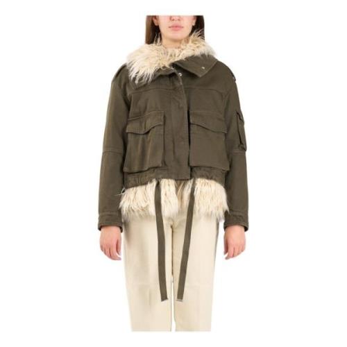 Kort bomullstwill parka med faux fur-fôr