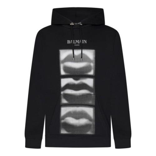 Svart Lips Print Hettegenser