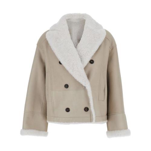 Beige Reversibel Shearling Jakke Kåpe