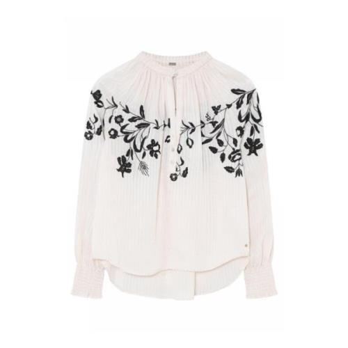 Brodert bluse med V-hals