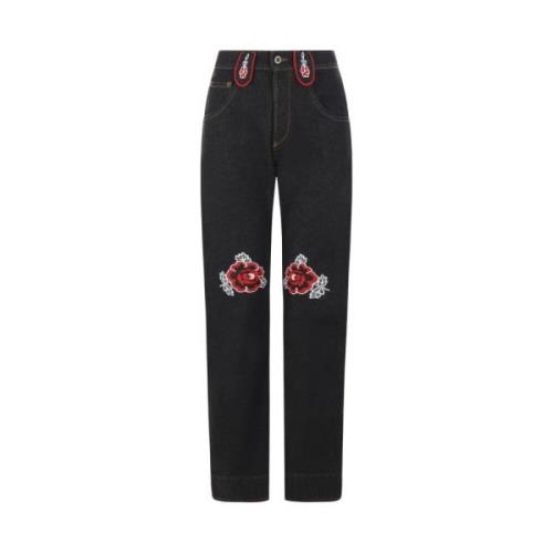 Sort Straight Leg Blomsterbroderte Jeans