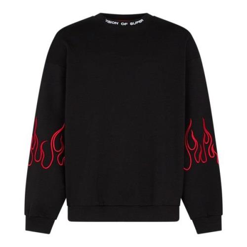 Flames Brodert Crewneck Sweatshirt Svart/Rød