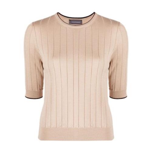 Beige Ull Strikket T-skjorte med Kort Erme